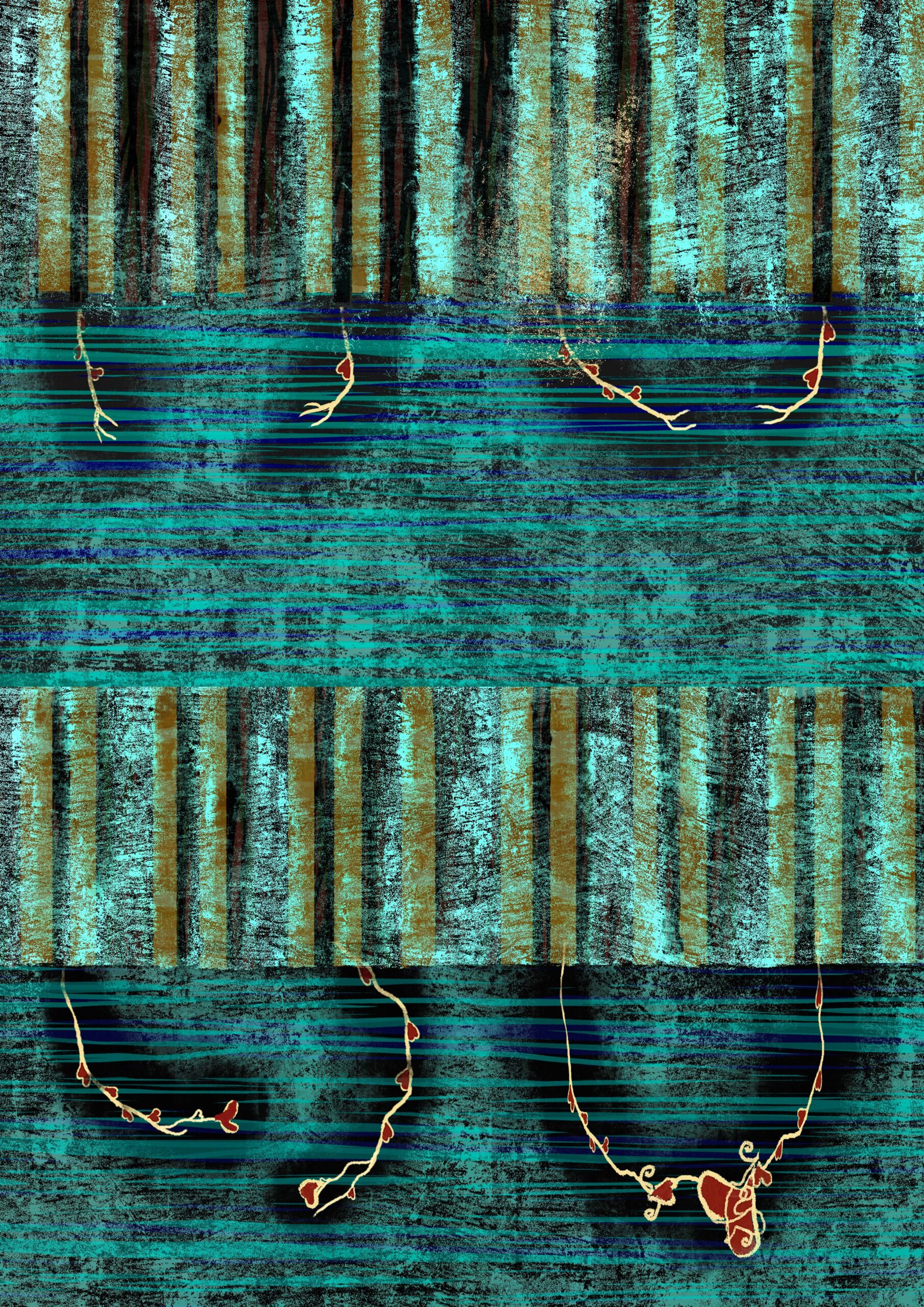 Composición digital azul y verde con árboles, líneas horizontales y texturas superpuestas.