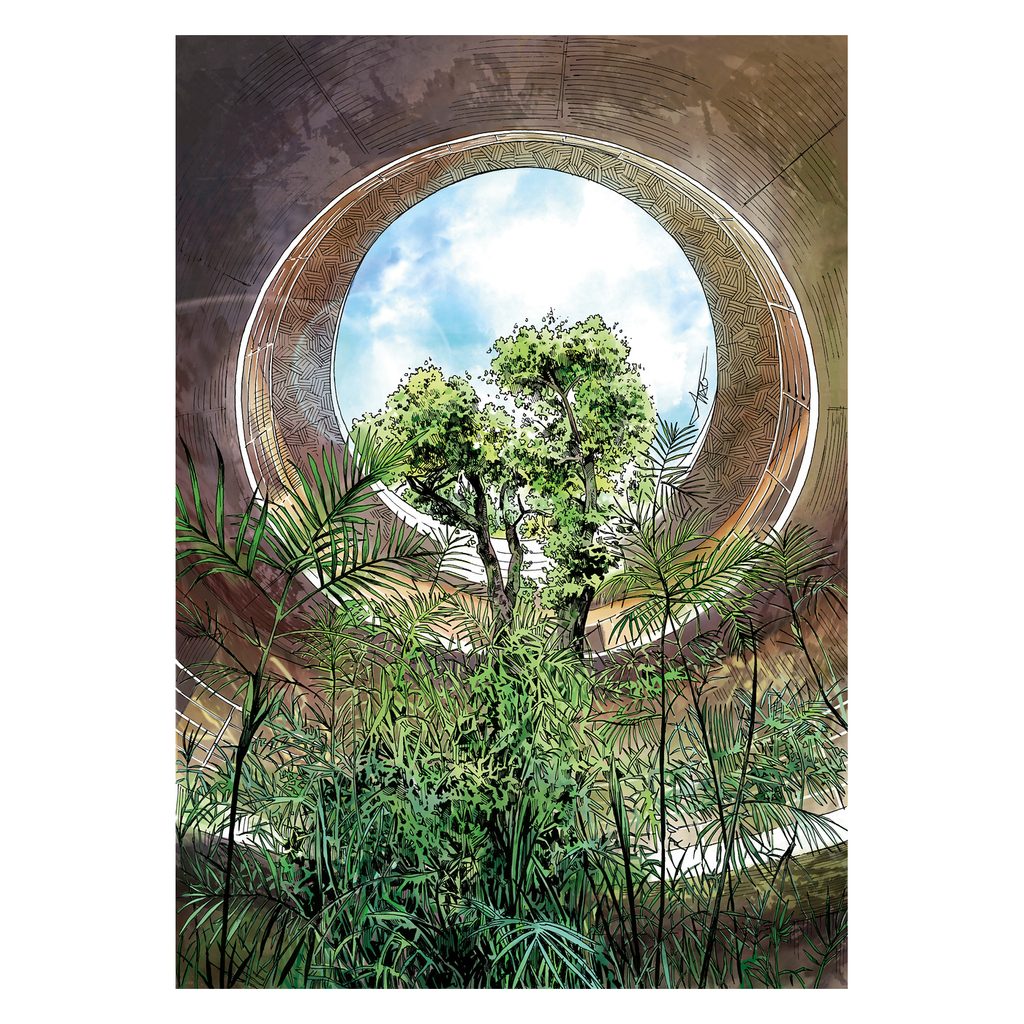 Vegetación tropical contemplada a través de una gran abertura circular arquitectónica.