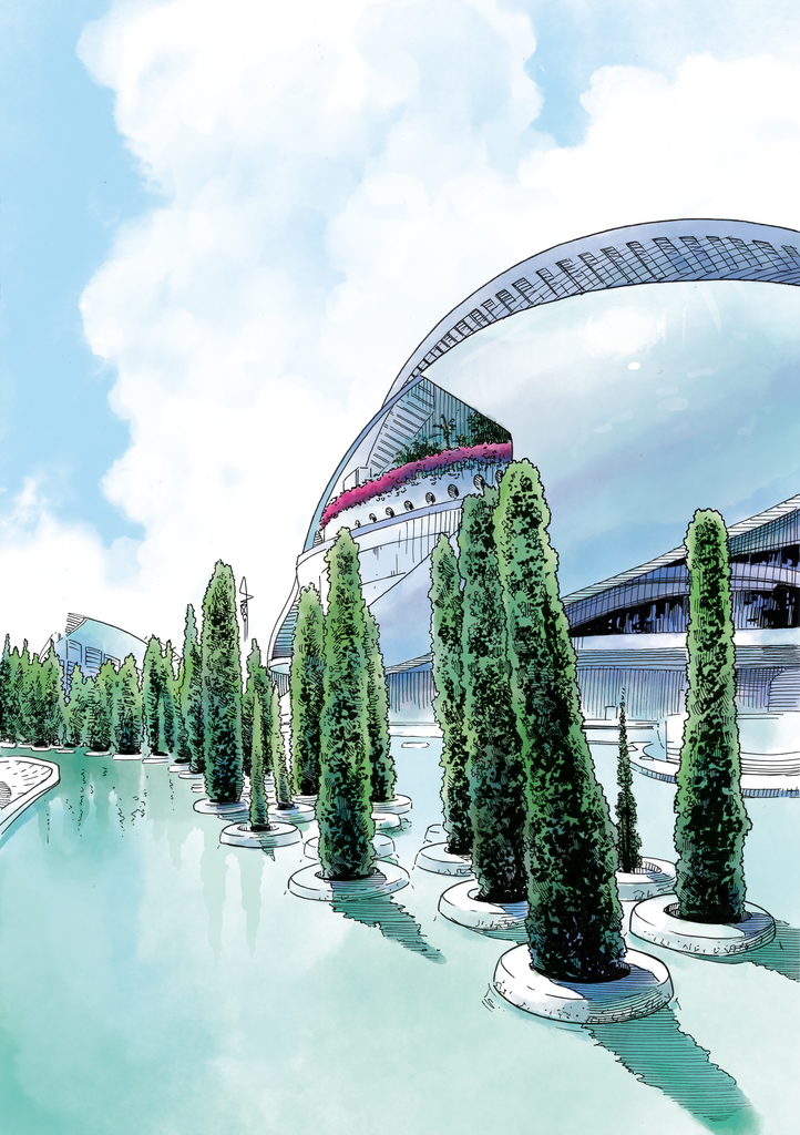 Ilustración de Manuel Anxo de un parque urbano con palmeras, estanque y arco monumental