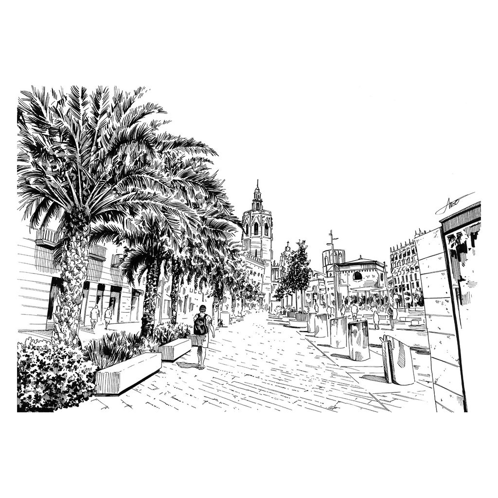Plaza urbana con palmeras, peatones y edificios históricos.
