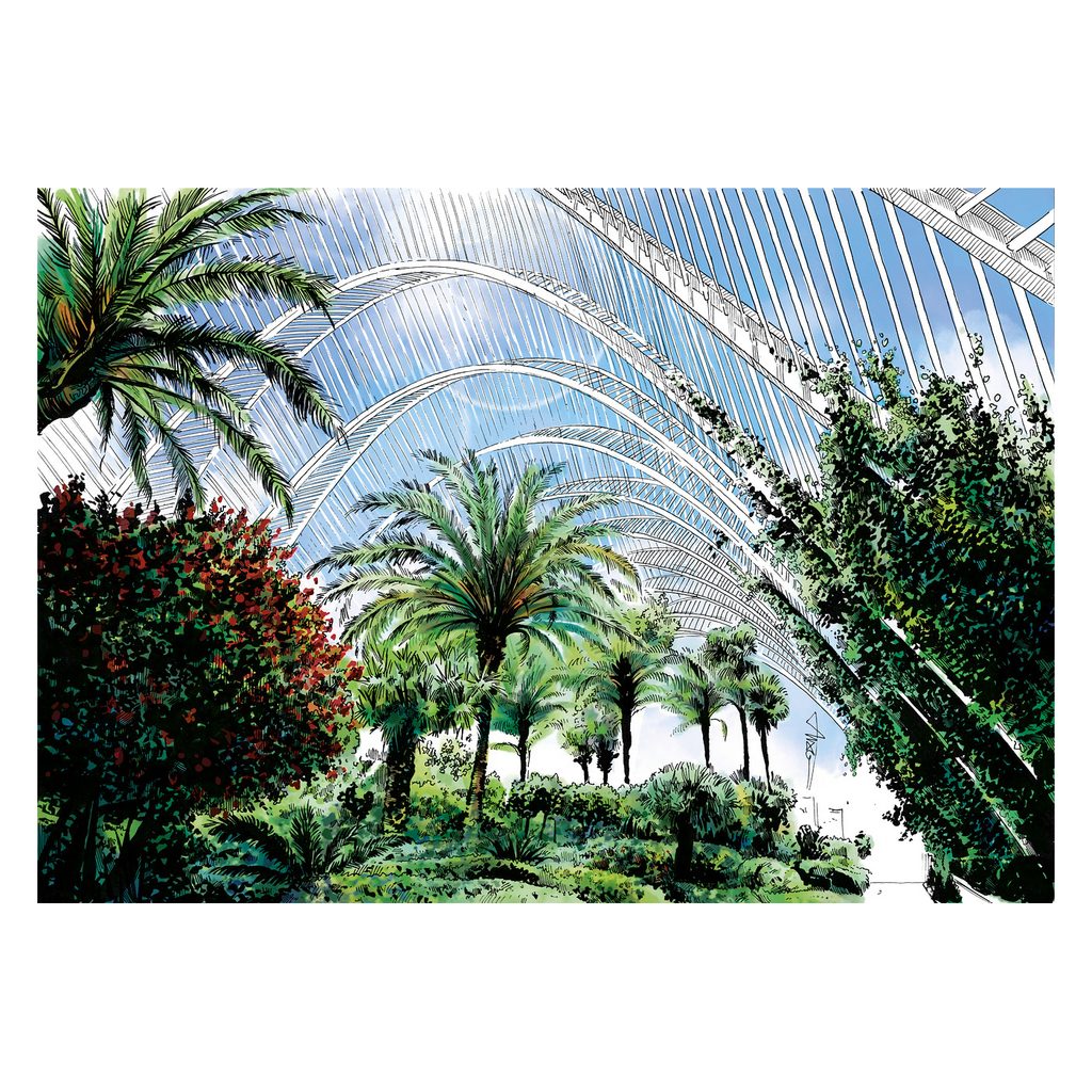 Palmeras y vegetación bajo las estructuras blancas de un jardín urbano contemporáneo.