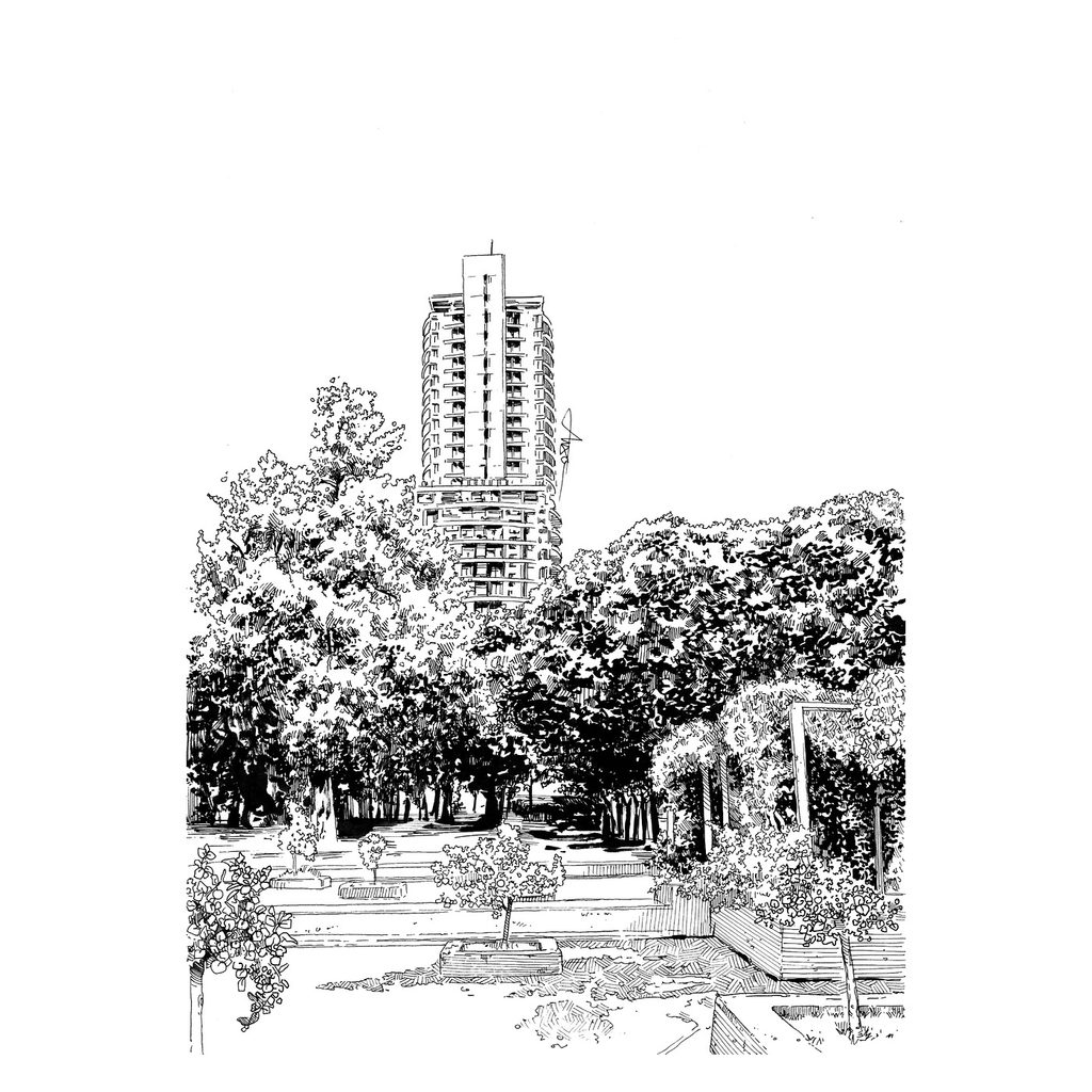 Jardín arbolado con jardineras y una torre residencial al fondo.