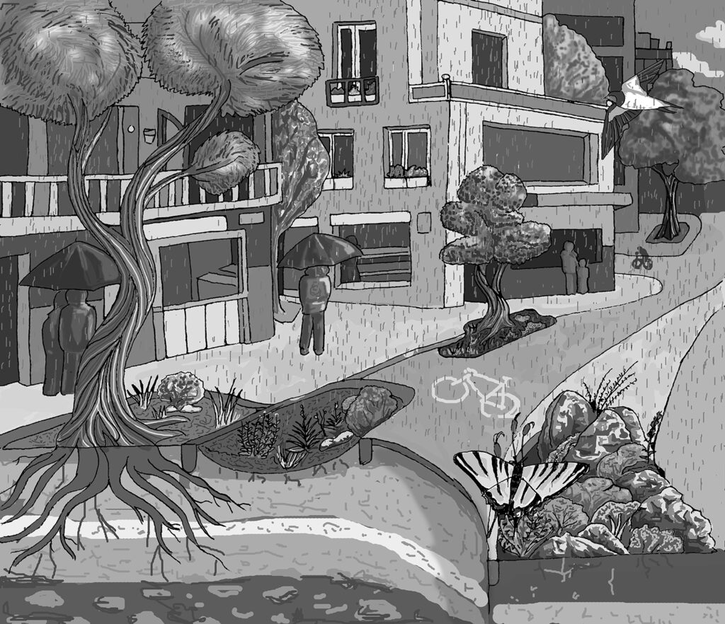 Escena urbana con árboles, edificios, carril ciclista, fauna y vegetación integrada en el espacio público.