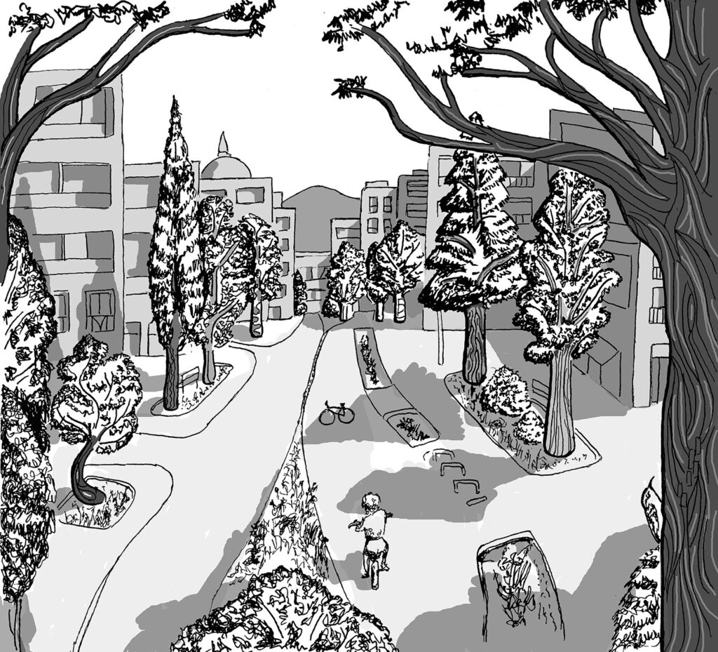 Ilustración urbana de Takatarabica con árboles, edificios y viandantes