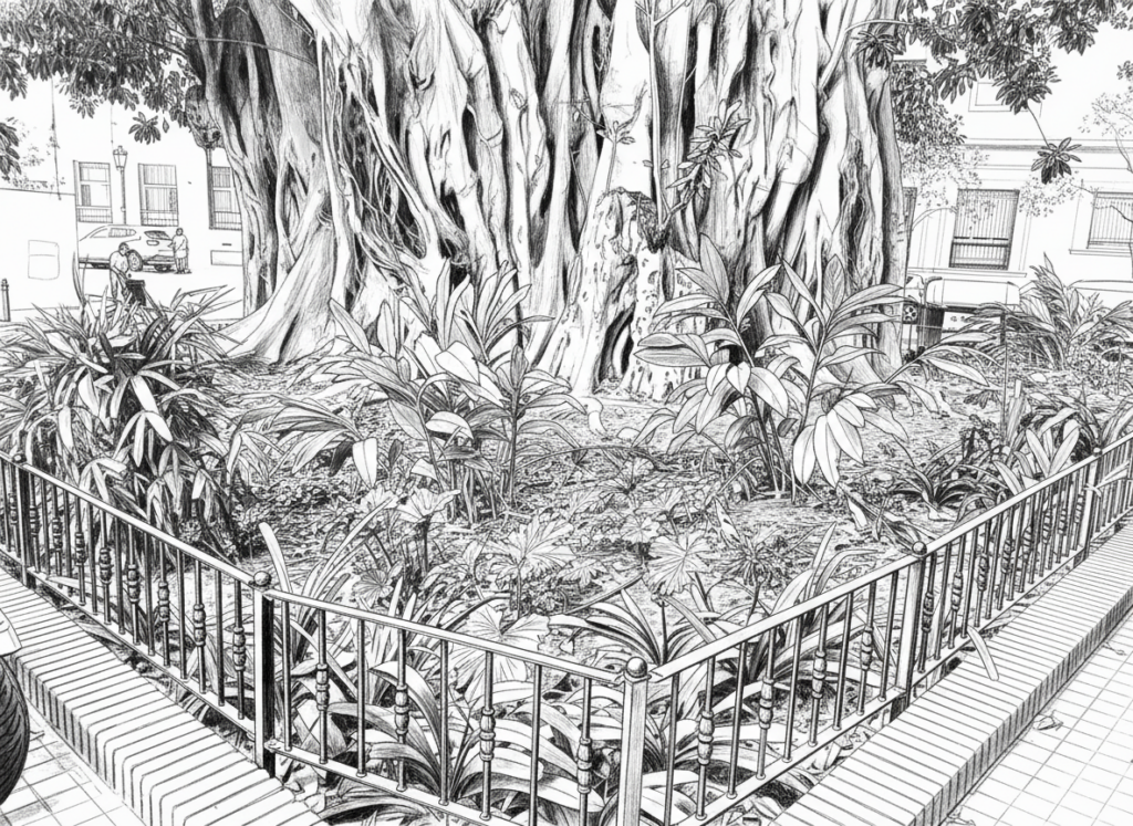 Ilustración de un árbol adulto integrado en una superficie vegetal amplia junto a una calle.