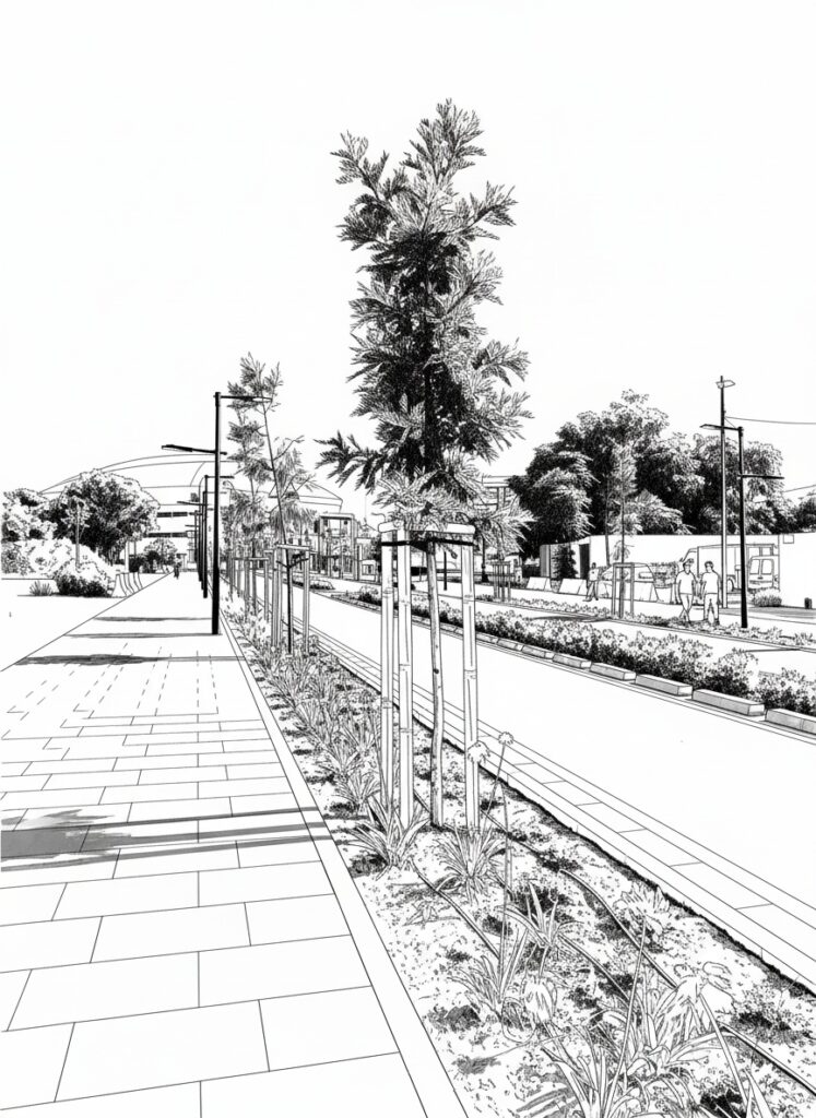 Calle de nueva urbanización con franjas permeables de drenaje sostenible y arbolado joven.