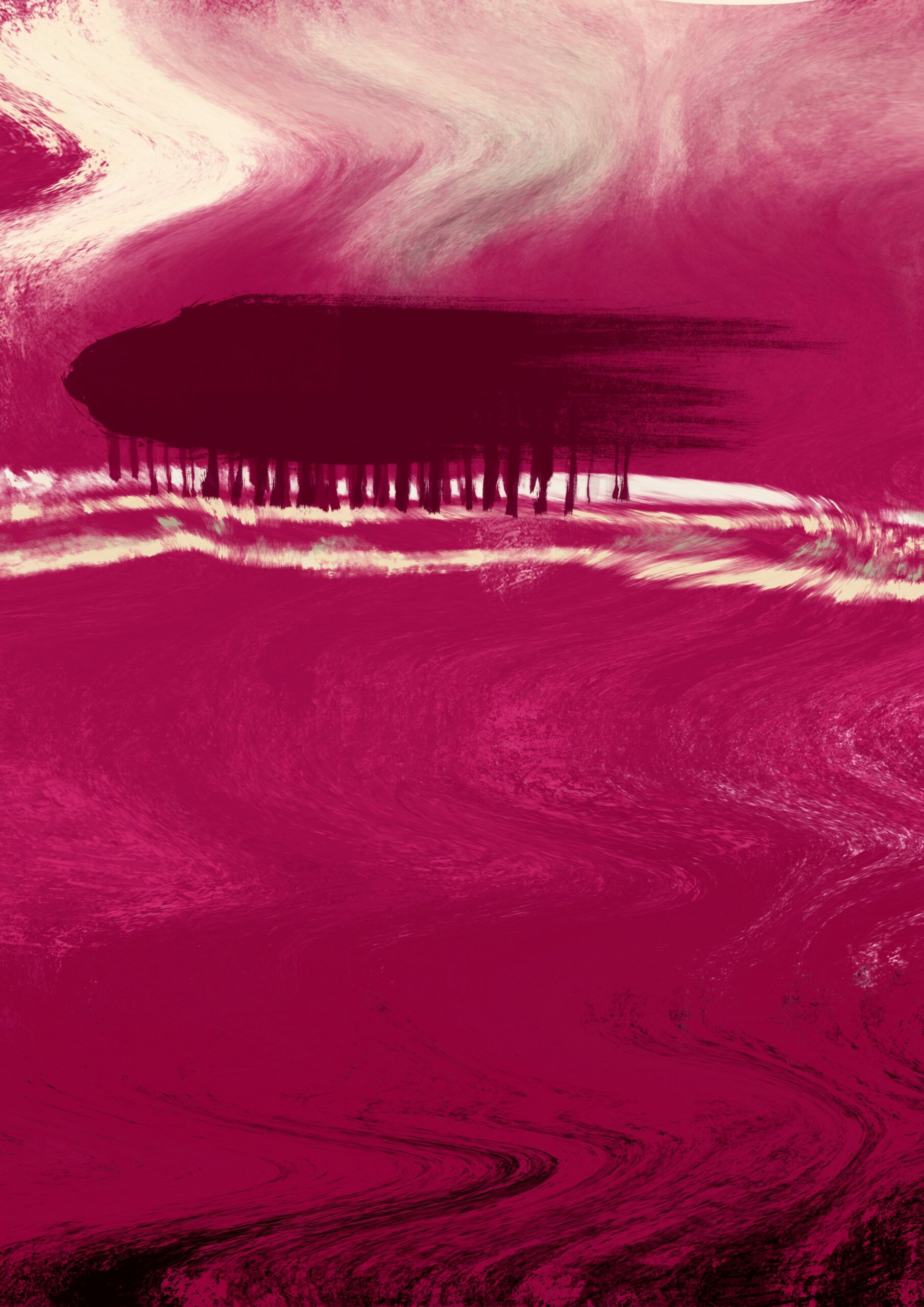 Paisaje abstracto en tonos rosados y granates con una silueta de árboles.