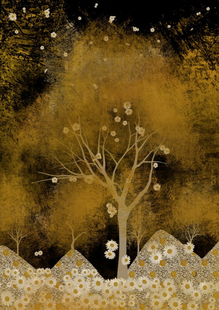 Árbol ornamental sobre fondo dorado con motivos circulares y vegetación estilizada.