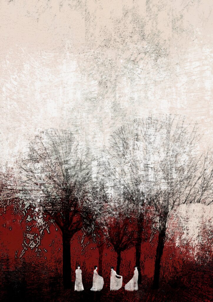 Grupo de árboles oscuros y rojos sobre un fondo claro de textura pictórica.