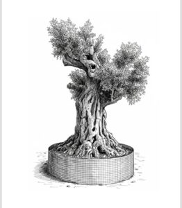 Ilustración en blanco y negro de un olivo adulto terciado para su trasplante.