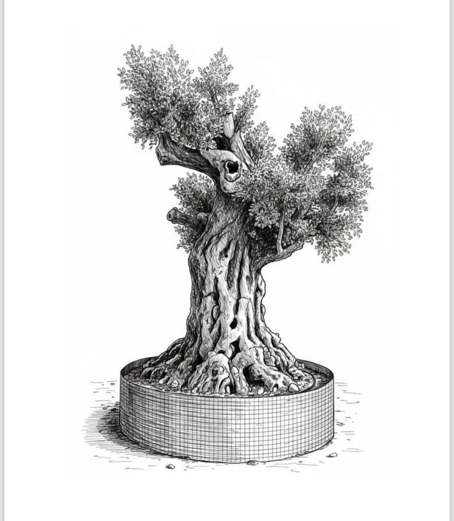 Ilustración en blanco y negro de un olivo adulto terciado para su trasplante.