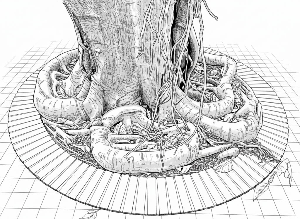Ilustración en blanco y negro de un árbol con raíces que ocupan el alcorque y alcanzan el pavimento.