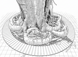 Ilustración en blanco y negro de un árbol con raíces que ocupan el alcorque y alcanzan el pavimento.
