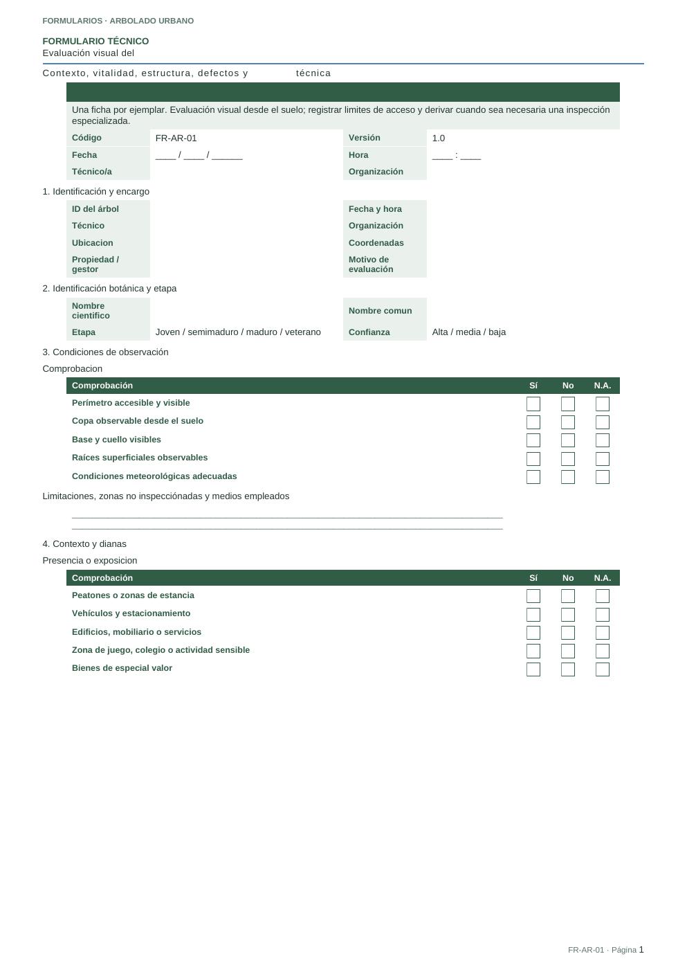 Primera página del FR-AR-01 · Formulario de evaluación visual del arbolado