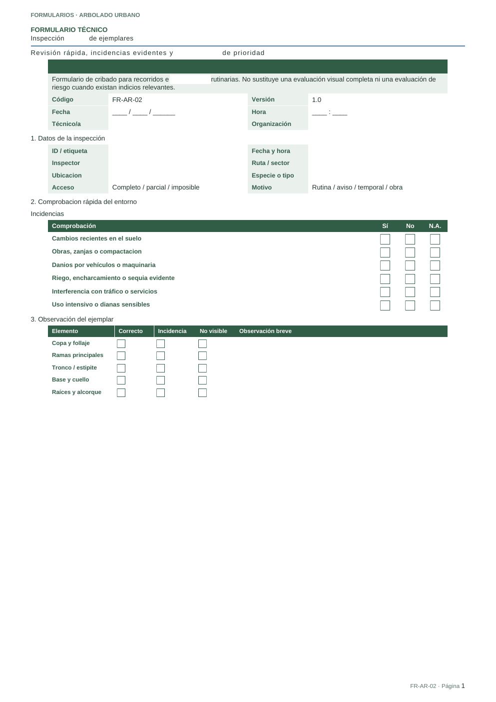 Primera página del FR-AR-02 · Formulario de inspección básica de ejemplares