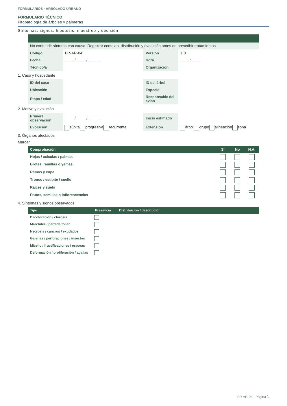 Primera página del FR-AR-04 · Formulario de fitopatología del arbolado
