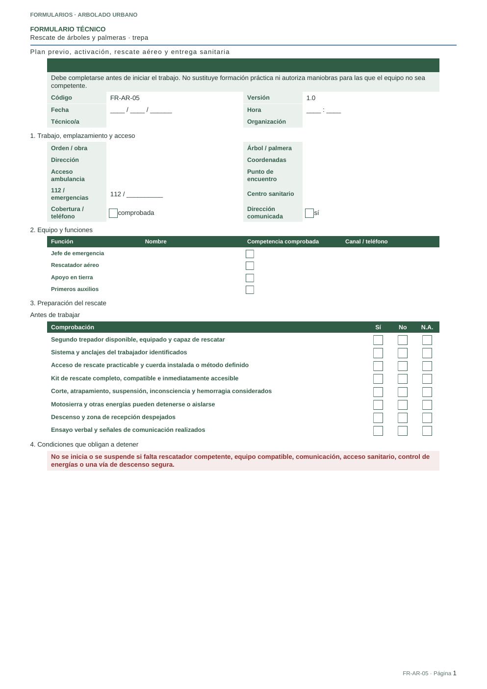 Primera página del FR-AR-05 · Formulario de rescate mediante trepa en árboles y palmeras