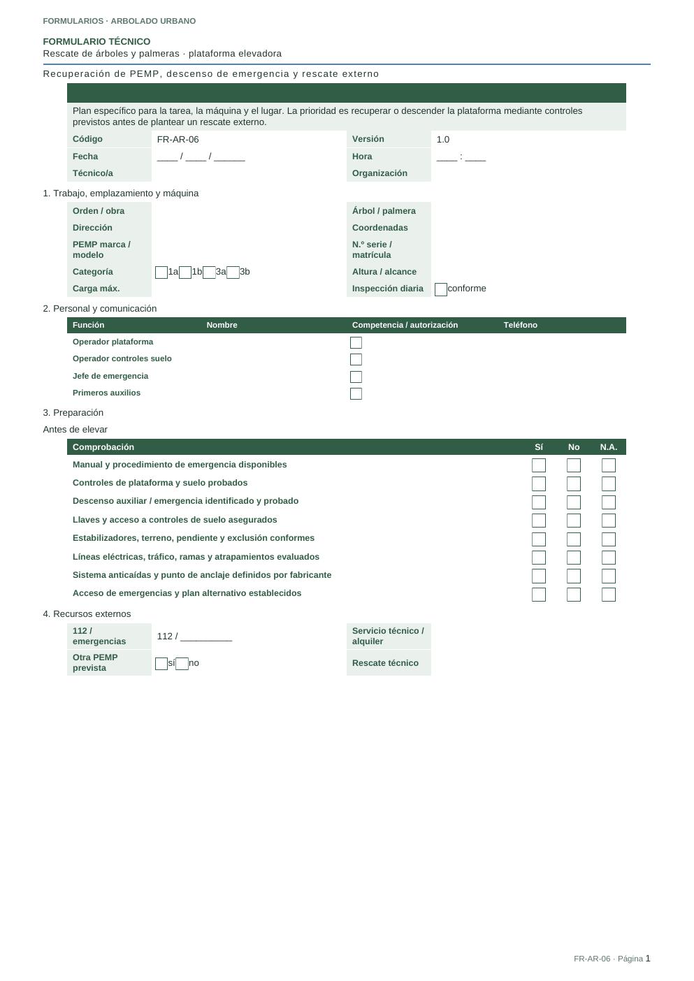 Primera página del FR-AR-06 · Formulario de rescate con plataforma elevadora
