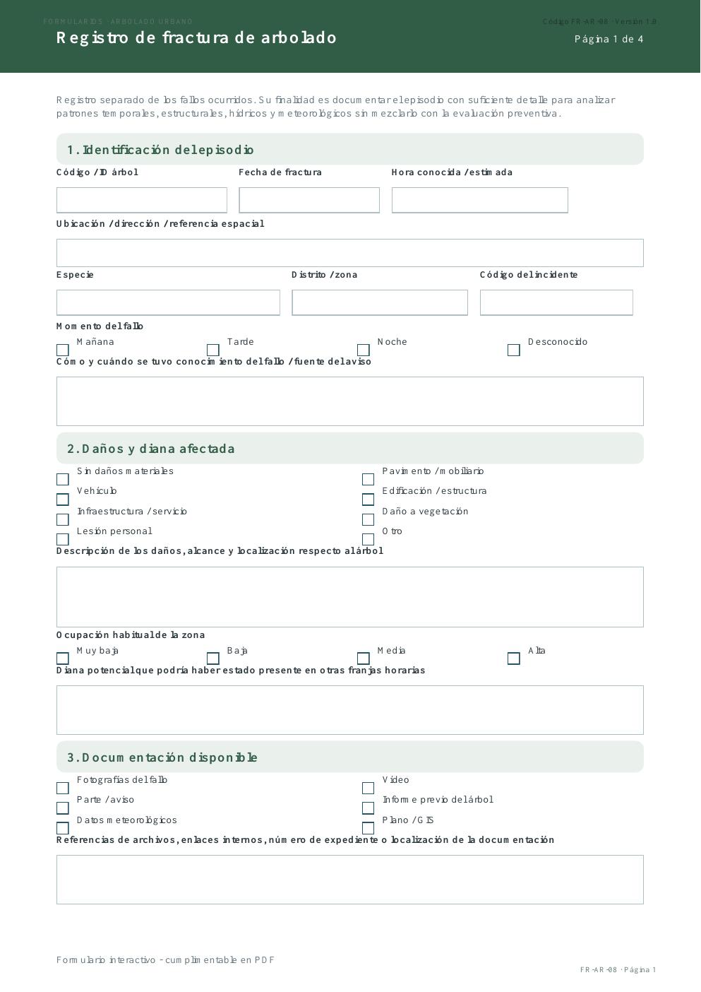 Primera página del FR-AR-08 · Formulario de registro de fractura de arbolado