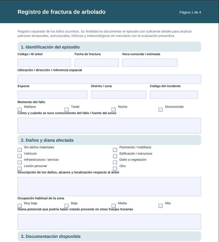 Primera página del FR-AR-08 · Formulario de registro de fractura de arbolado