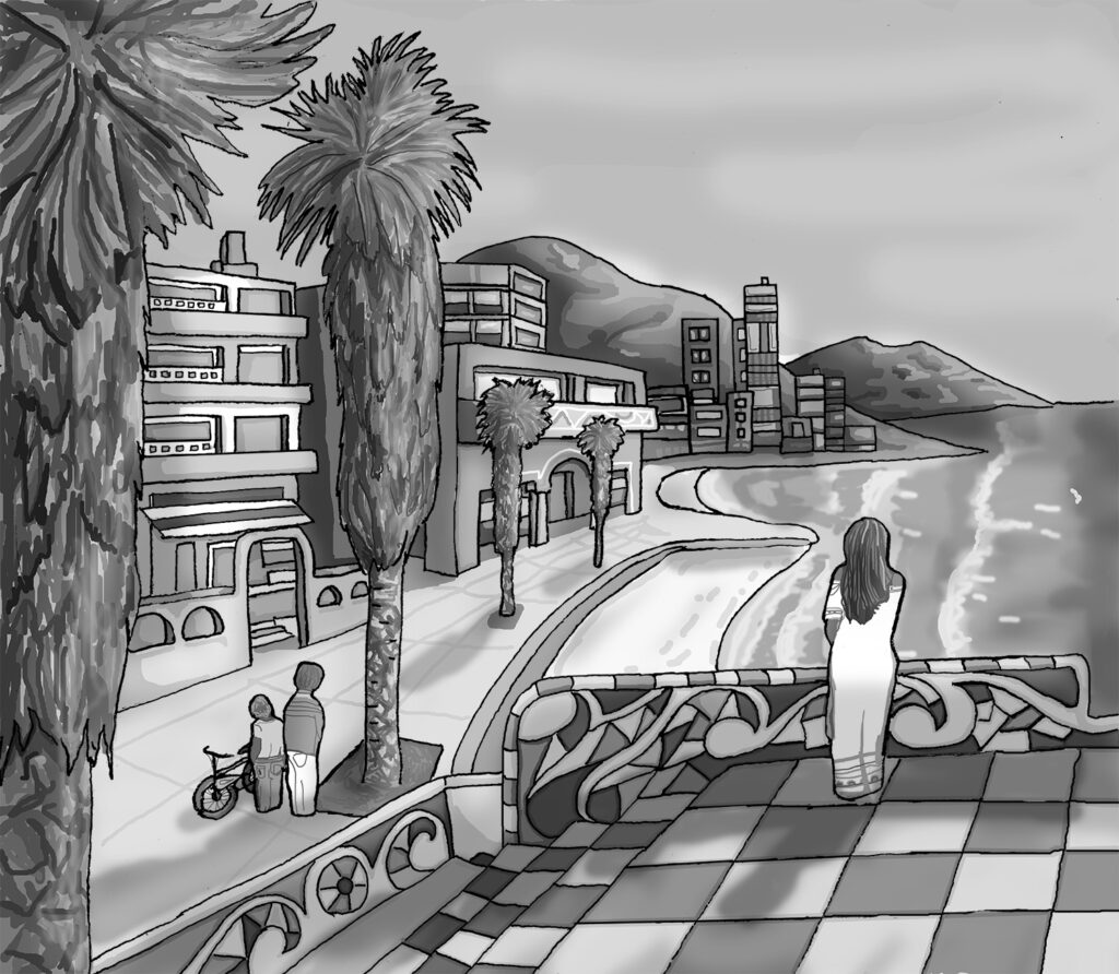 Ilustración de un paseo costero con varias palmeras integradas en el paisaje urbano.